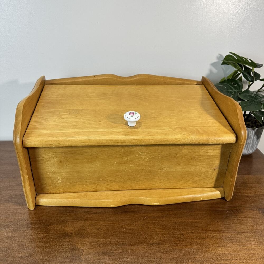 Vintage Kamenstein Wooden Bread Box Storage Bin with Floral Knob Cottagecore
